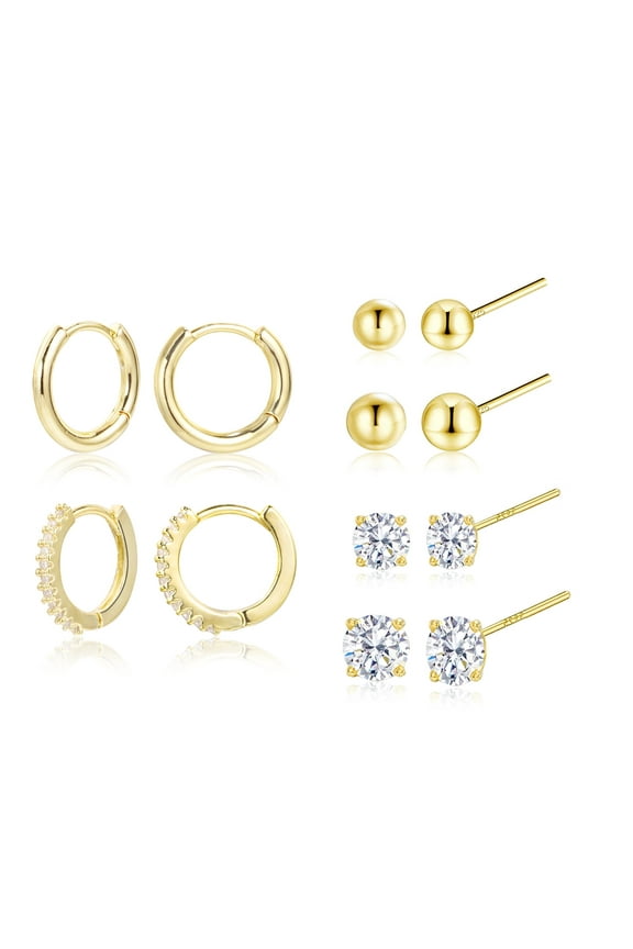 14K Gold Plated Studs Earrings and Hoops Set for Women - Mix Earring Pack with Hypoallergenic Small Hoop Earrings CZ Ball Studs Earrings - Jewelry Perfect for Women Gifts