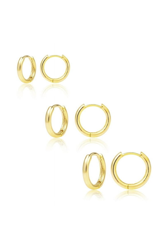 14K Gold Plated Small Huggie Hoop Earrings for Women and Men, 925 Sterling Silver, Hypoallergenic, 3 Pairs