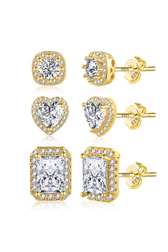 3 Pairs CZ Stud Earrings for Women 14K Gold Plated Heart Large Diamond Stud Earrings Set Cubic Zirconia Earrings Studs for Sensitive Ear