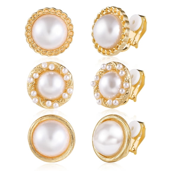 Alexcraft 3 Pairs Clip On Earrings for Women Cute Pearl Earrings Gold Charming Fashion Earrings Set Non Piercing 12.6/18.5/22.5MM