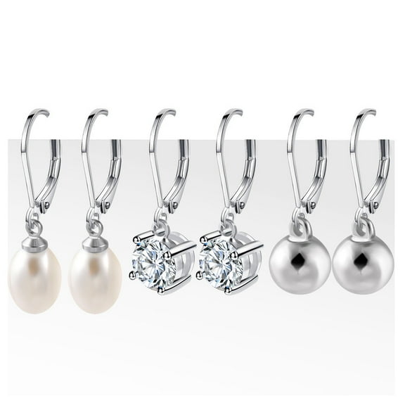 Alexcraft 3 Pairs Dangle Earrings for Women - 14 Gold Plated CZ Dangle Earrings Set - Hypoallergenic Pearl Round Ball Cubic Zirconia Leverback Earrings