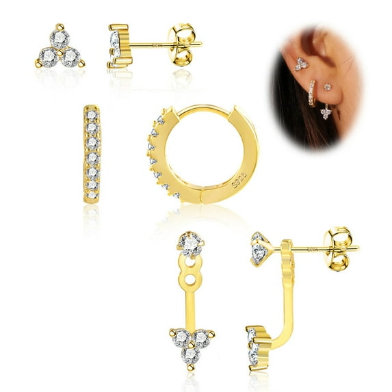 Alexcraft 3 Pairs Stud Earrings for Women,14K Gold/Silver Plated Sterling Silver Post Stud Earrings Set, Hypoallergenic Cubic Zirconia Small Hoop Earrings for Multiple
