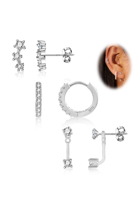 3 Pairs Stud Earrings for Women,14K Gold/Silver Plated Sterling Silver Post Stud Earrings Set, Hypoallergenic Cubic Zirconia Small Hoop Earrings for Multiple