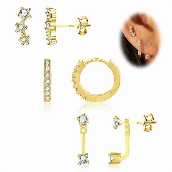 Alexcraft 3 Pairs Stud Earrings for Women,14K Gold/Silver Plated Sterling Silver Post Stud Earrings Set, Hypoallergenic Cubic Zirconia Small Hoop Earrings for Multiple