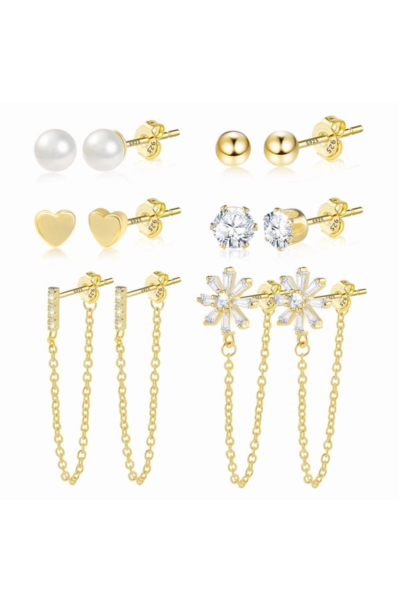 4 Pairs Drop Dangle Chain Earrings for Women | 14K Gold Plated Sterling Silver Posts Dangling Chain Studs | Cubic Zirconia Ball Earrings for Birthday Jewelry Gift