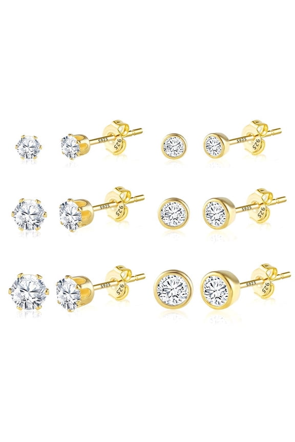 6 Pairs 14K Gold Plated Stud Earrings Set, Hypoallergenic Cubic Zirconia Earrings for Women and Men