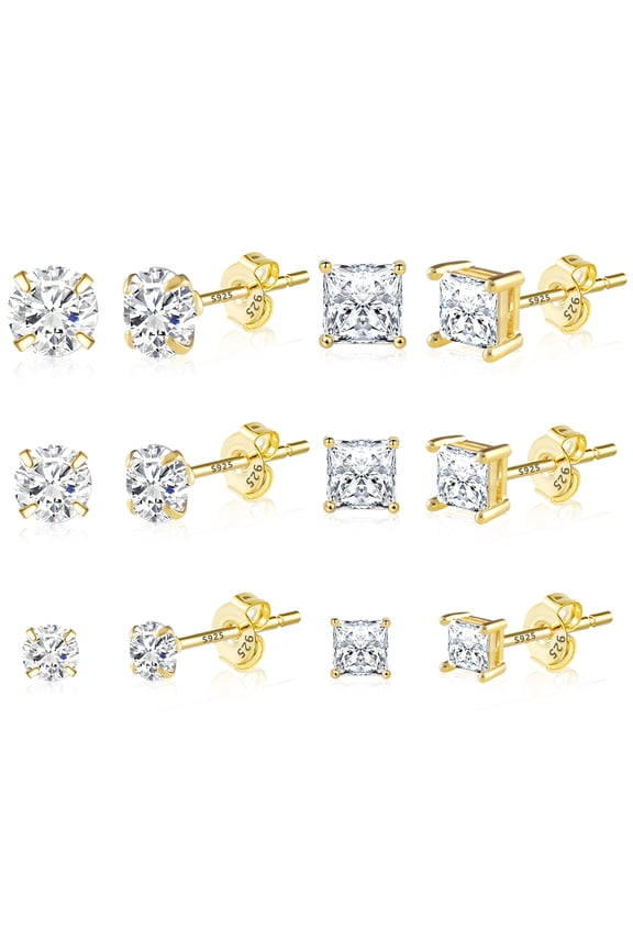 6 Pairs Hypoallergenic Stud Earrings Set, 14K Gold/Silver Plated Cubic Zirconia Earrings for Women Men's Earring Sets