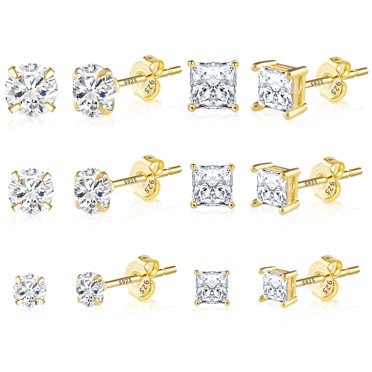 MDFUN 6 Pairs Stud Earrings Set - Hypoallergenic Cubic Zirconia In Silver, Gold, Black | Round & Square | 3-7mm