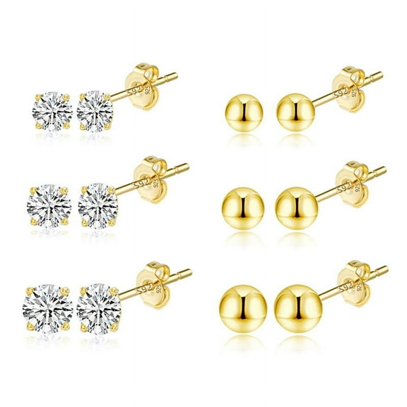 Alexcraft 6 Pairs Stud Earrings for Women 14K Gold/Silver Plated Ball Star Moon Cubic Zirconia Earring Stud Sets Cute Hypoallergenic Small Stud Earring for Multiple Piercing
