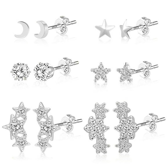 Alexcraft 6 pairs 14K Gold/Silver Plated Stud Earrings Set with 925 Stering Silver Post Heart Ball Cubic Zirconia Stud Earrings Set for Women Sensitive Ears