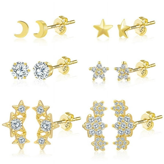Alexcraft 6 pairs 14K Gold/Silver Plated Stud Earrings Set with 925 Stering Silver Post Heart Ball Cubic Zirconia Stud Earrings Set for Women Sensitive Ears