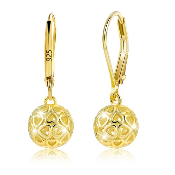 Alexcraft Dangle Earrings for Women, 14K Gold Plated Leverback Hollow Ball Dangle Drop Earrings Hypoallergenic Sterling Silver Jewelry Gifts for Women