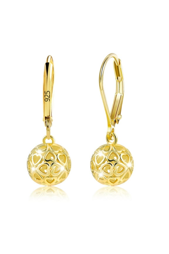 Dangle Earrings for Women, 14K Gold Plated Leverback Hollow Ball Dangle Drop Earrings Hypoallergenic Sterling Silver Jewelry Gifts for Women