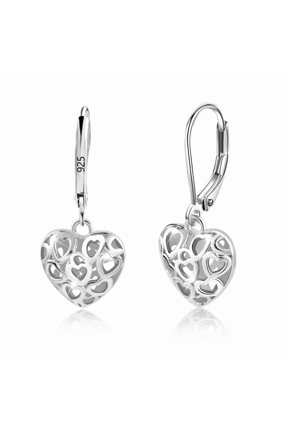 Dangle Earrings for Women, Silver Plated Leverback Hollow Heart Dangle Drop Earrings Hypoallergenic Sterling Silver Jewelry Gifts for Women