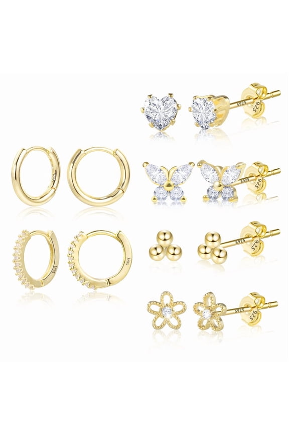 Earrings for Sensitive Ears, Silver Gold Small Earrings for Women Men Cubic Zirconia Ball Earrings Cartilage Hoop Stud Earrings Set for Multiple Piercing