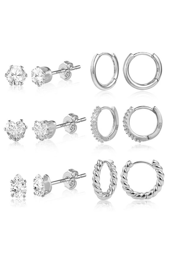 Earrings for Sensitive Ears, Silver Gold Small Earrings for Women Men Cubic Zirconia Ball Earrings Cartilage Hoop Stud Earrings Set for Multiple Piercing