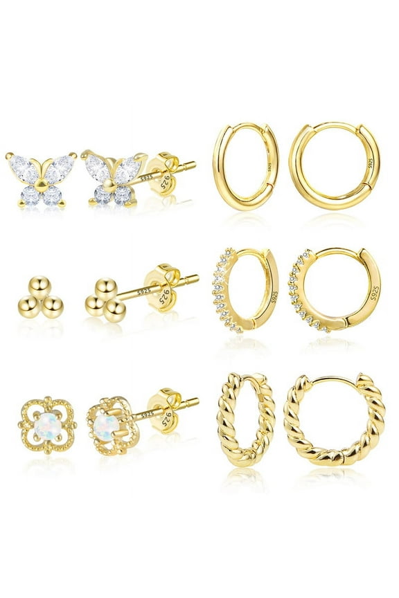 Earrings for Sensitive Ears, Silver Gold Small Earrings for Women Men Cubic Zirconia Ball Earrings Cartilage Hoop Stud Earrings Set for Multiple Piercing