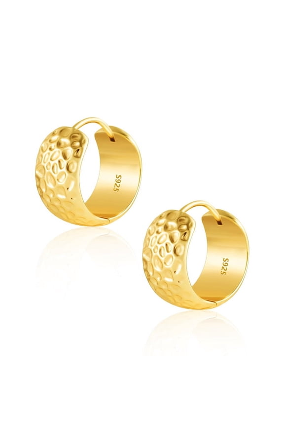 Gold Hoop Earrings for Women 14k Gold Plated and Silver Post Hammered Huggie Earrings for Women Wide Thick Hypoallergenic Lightweight Hoop Large Earrings