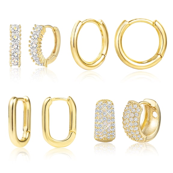 Alexcraft Hoop Earrings Set for Women Dainty - 14K Gold/Silver Plated CZ Cartilage Earring Small Hoop Earring Set - Multiple Piercing Lightweight Chunky Earrings Jewelry Gifts for Women 4Pairs