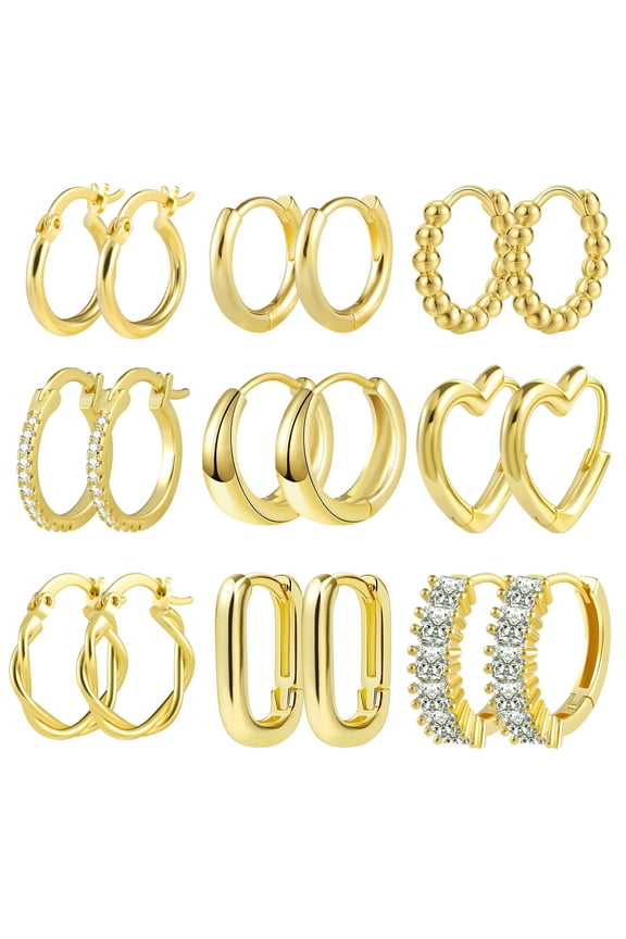 14K Gold Plated Hypoallergenic Small Hoop Earrings Set, Chunky Huggie Stackable Earrings for Women