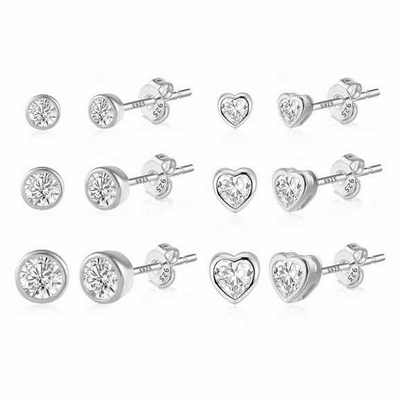 Alexcraft Sterling Silver Small Stud Earrings for Women Men, 6 Pairs Heart Circle Shaped Cubic Zirconia Earrings 14K Gold Plated Cartilage Earrings