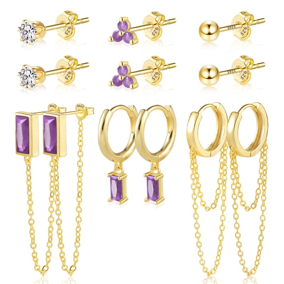 Alexcraft Stud Earrings Set for Women, for Multiple Piercing 14K Gold Plated Studs Earrings and Zirconia Earrings Set, Small Huggie 925 Sterling Silver Post Hoop Chain Earrings Set