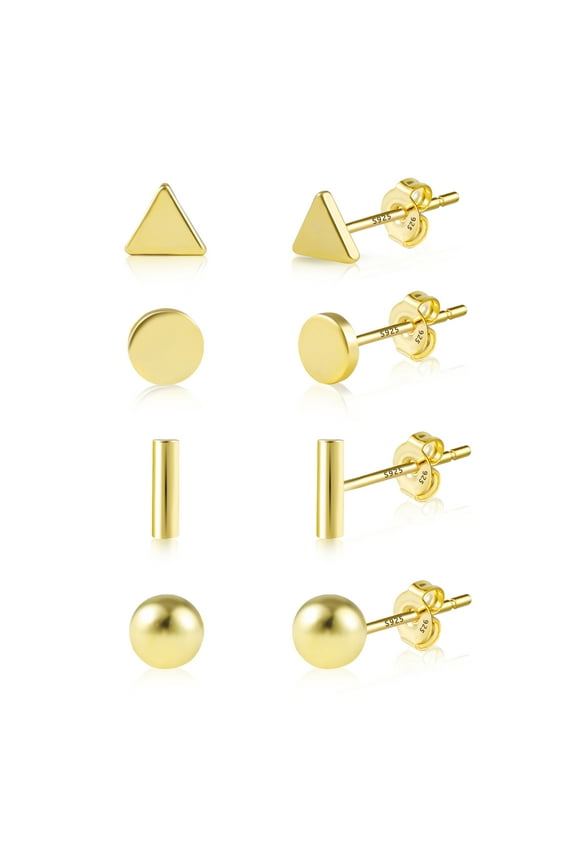 Stud Earrings for Women Men, 14K Gold Plated Hypoallergenic Simple Geometric Small Stud Earring Set Circle Triangle Square Stud Earrings Cartilage Earrings 4 Pairs