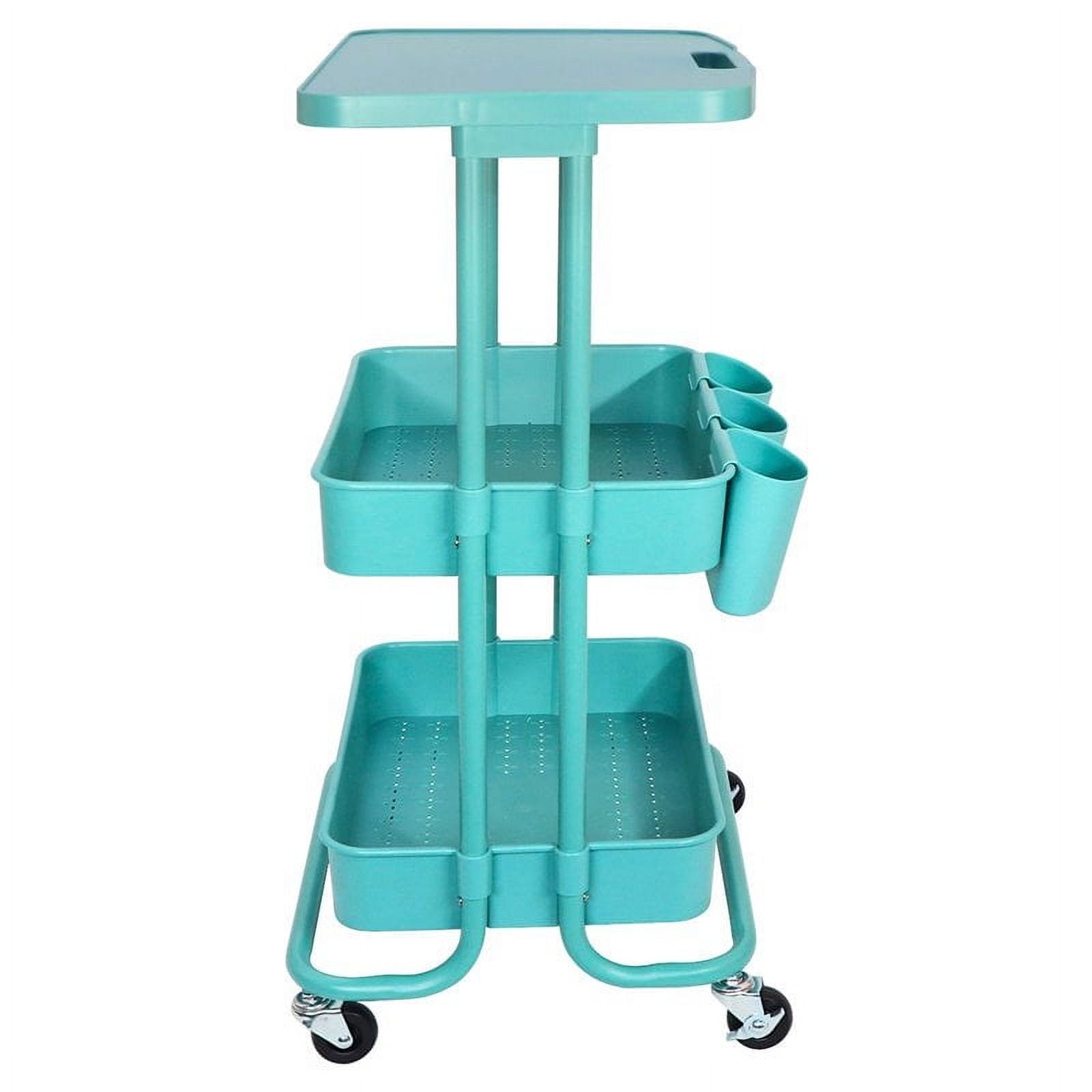 Alexent 2Tier Storage Trolley Rolling Cart Organizer w Table Top TURQUOISE BLUE