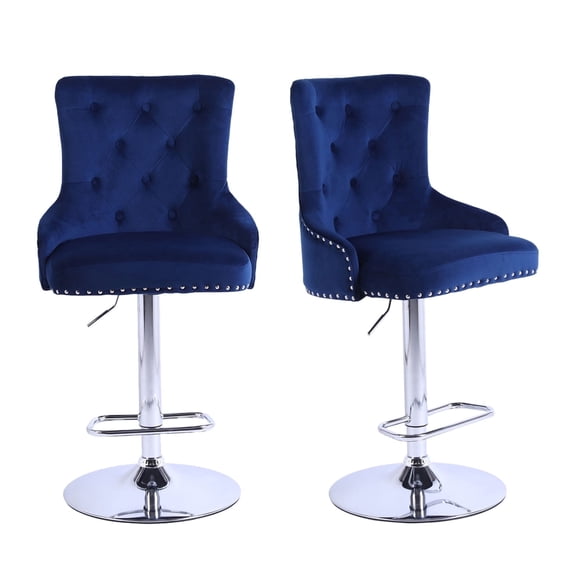 Alexent 2PCS Swivel Bar Stools, High Back, Button Tufted, Silver Footrest and Nailhead Trim Swivel Bar Chairs for Kitchen, Bar Velvet Upholstered Bar Stools, Dark Blue