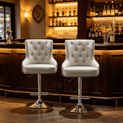 Alexent 2PCS Swivel Bar Stools, High Back, Button Tufted, Silver Footrest and Nailhead Trim Swivel Bar Chairs for Kitchen, Bar Velvet Upholstered Bar Stools, Light Gray