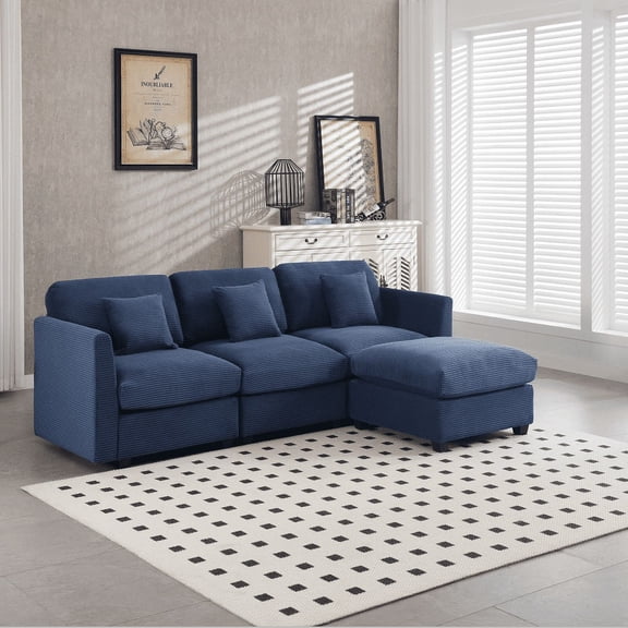 Alexent 3-Seat Modular Sectional Sofa with 1 Movable Ottomans, Upholstered Sofa Chair, for Apartment Living Room Office, Blue