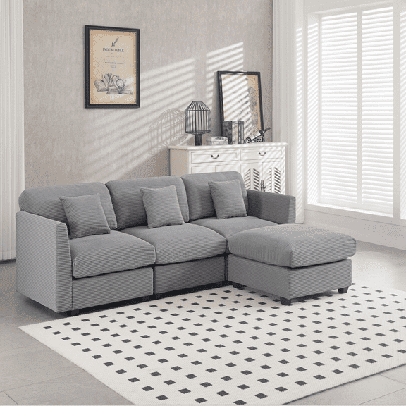 Alexent 3-Seat Modular Sectional Sofa with 1 Movable Ottomans, Upholstered Sofa Chair, for Apartment Living Room Office, Light Gray