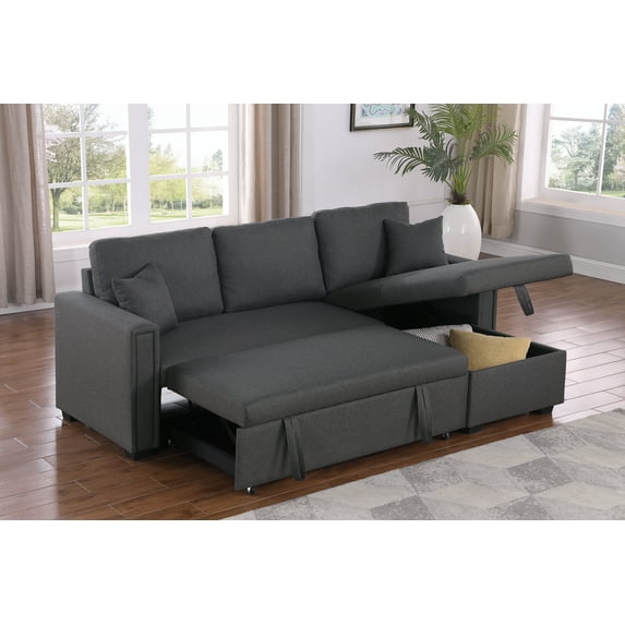 Alexent 3 Seater L-Shaped Sofa with Pull Out Sleeper Sofa, with Storage Recliner, Apartment Small Sectional Sofa, for Living Room, Bedroom,Dark Gray