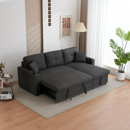 Alexent 3-Seater Reversible Sofa with Pull-Out Couch, Sleeper Sofa with Storage Recliner, Small Sectional Sofa for Living Room, Bedroom, Apartment, Dark Gray