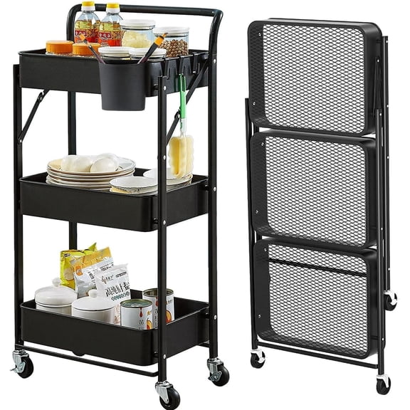 Alexent Foldable 3-Tier Black Metal Rolling Utility Cart, No Assembly Required, Storage Shelves with Lockable Wheels for Kitchen Bathroom Home Organization