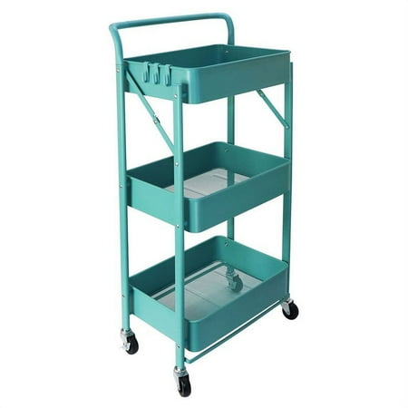 Alexent 3-Tier Modern Metal Storage Utility Rolling Cart with Foldable in Blue