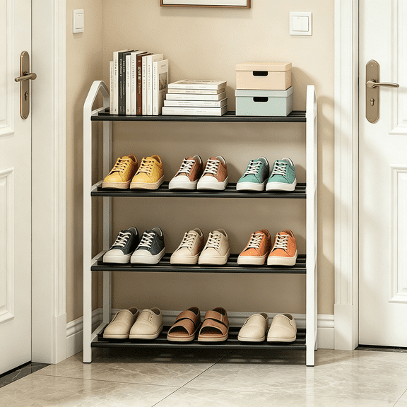 Alexent 4-Tier Free Standing Shoe Rack, Heavy Duty Metal & Plastic Storage Organizer, Space Saving Shoe Shelf for Entryway, Hallway, Closet & Garage, White