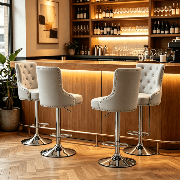Alexent Modern Glam Velvet Bar Stool Chairs Adjustable Height - SILVER SET OF 4