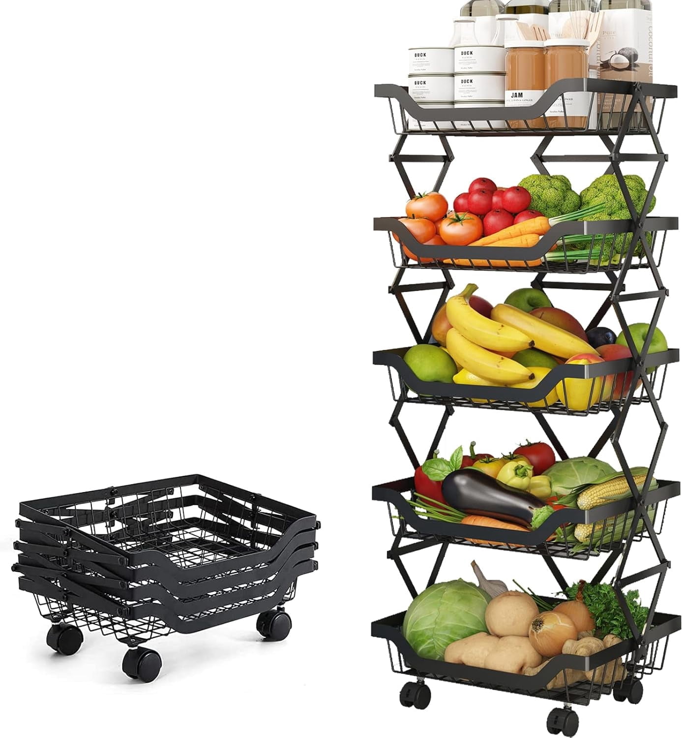 Alexent 5-Tier Foldable Rolling Storage Cart, No Assembly, Space-Saving Metal Organizer with Wheels for Kitchen Pantry Bathroom