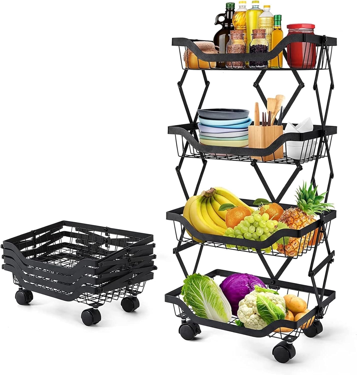 Alexent 4-Tier Foldable Rolling Storage Cart, No Assembly, Space-Saving Metal Organizer with Wheels for Kitchen Pantry Bathroom