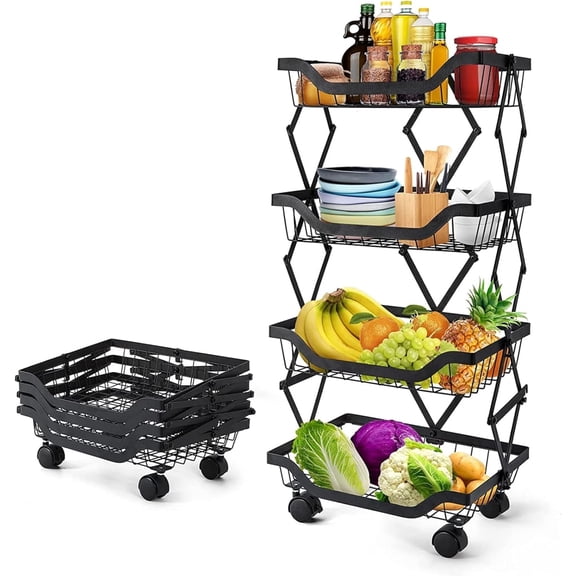 Alexent 4-Tier Foldable Rolling Storage Cart, No Assembly, Space-Saving Metal Organizer with Wheels for Kitchen Pantry Bathroom