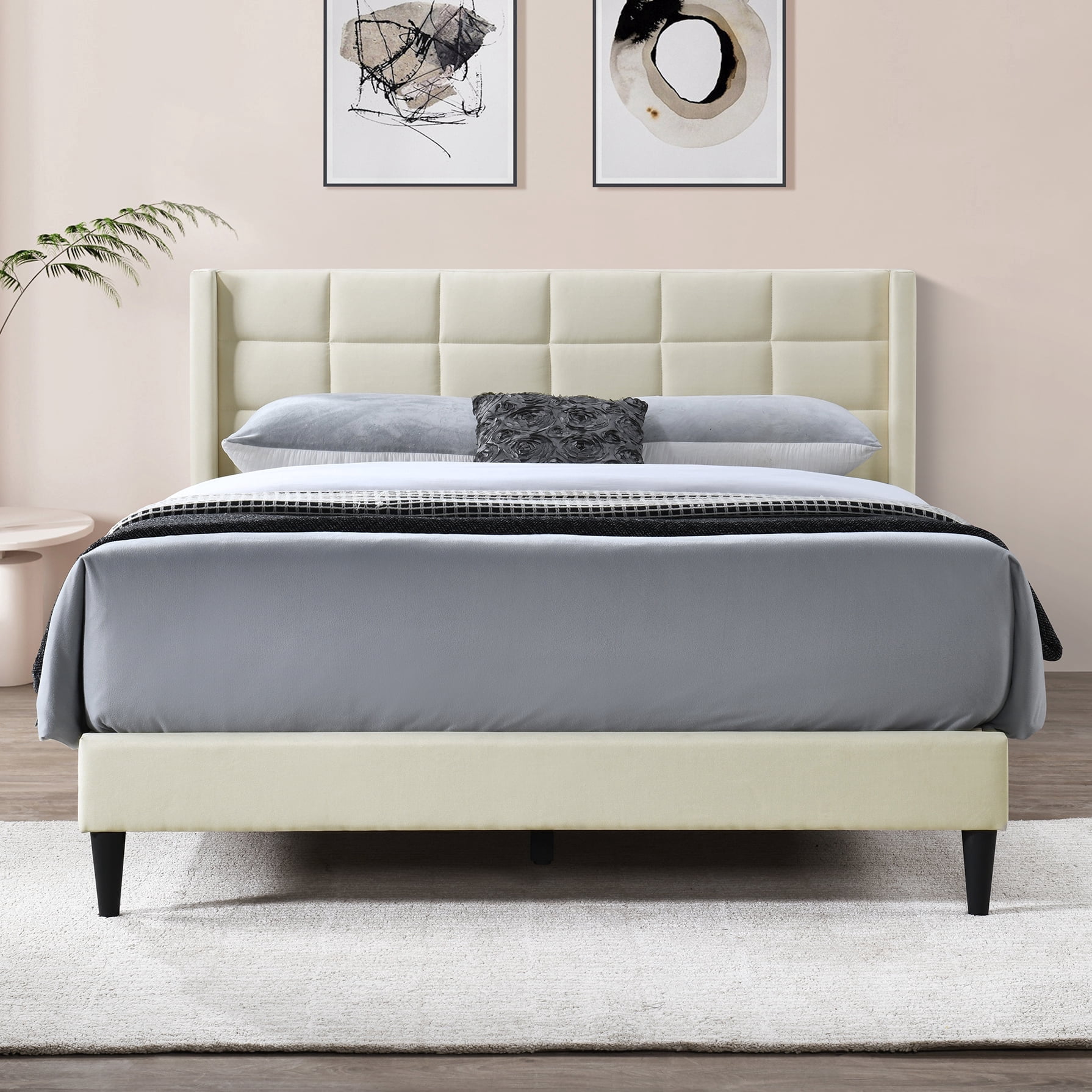 Alexent Full Size Upholstered Bed Frame | Linen Headboard, Metal & Solid Wood Construction, Sturdy & Comfortable Bed for Bedroom Dark | Beige