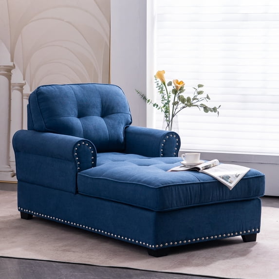 Alexent Calma Modern Linen Fabric Indoor Chaise Lounge in Blue