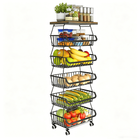 Alexent Metal Wire Basket, 6 Tier Rolling Storage Shelf, Stackable ...