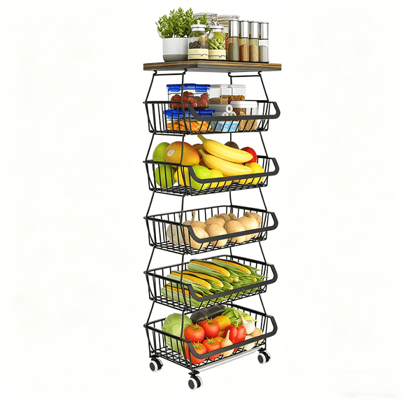 Alexent Metal Wire Basket with Wheels, Kitchen Storage Shelf Basket, 6 Tier Stackable Storage Containers, Fruit and Vegetable Cart, Dish Rack for Bathroom, Kitchen, Garage and Pantry, Black
