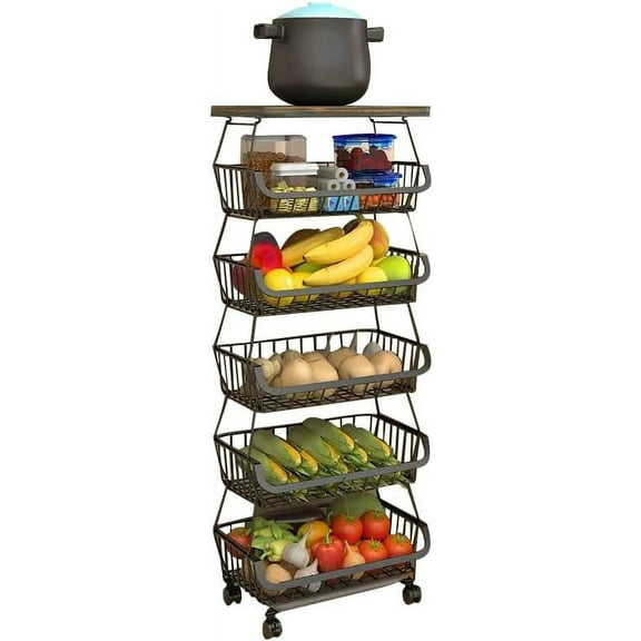 Alexent Metal Wire Basket with Wheels, Kitchen Storage Shelf Basket, 6 Tier Stackable Storage Containers, Fruit and Vegetable Cart, Dish Rack for Bathroom, Kitchen, Garage and Pantry, Black