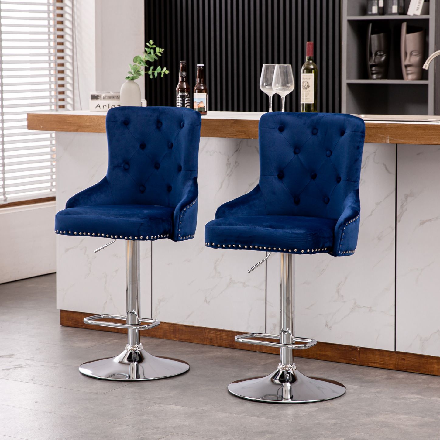 Alexent Modern Glam Velvet Bar Stool Chairs Kitchen Dining Adjustable SwivelNAVY BLUE SET OF 2
