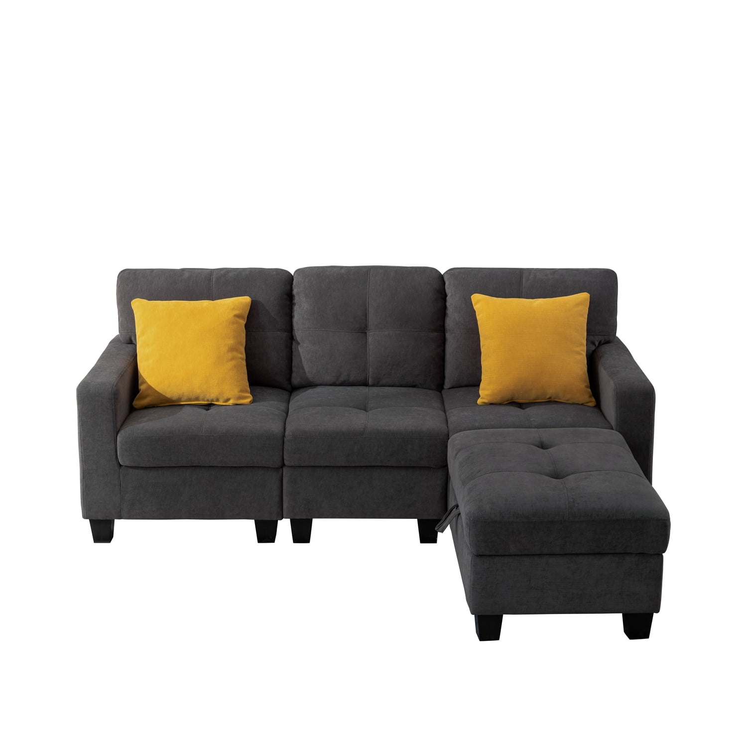 Alexent Dark Gray Tufted Fabric 4-Piece Sectional Sofa with Ottoman