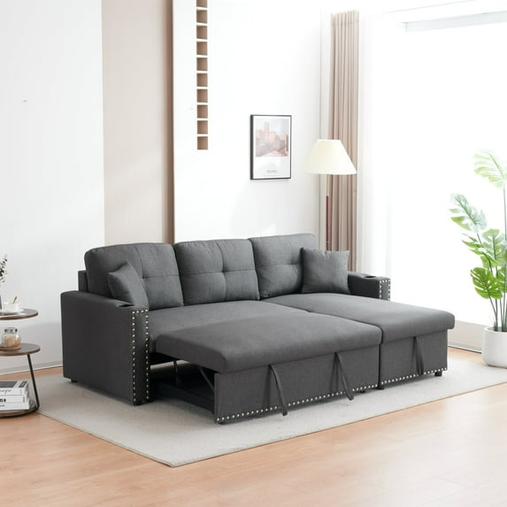 Alexent Pull-Out Sleeper Bed, L-Shape 3-Seater Convertible Reversible Sleeper Sectional Sofa Couch with Storage Chaise - Light Gray