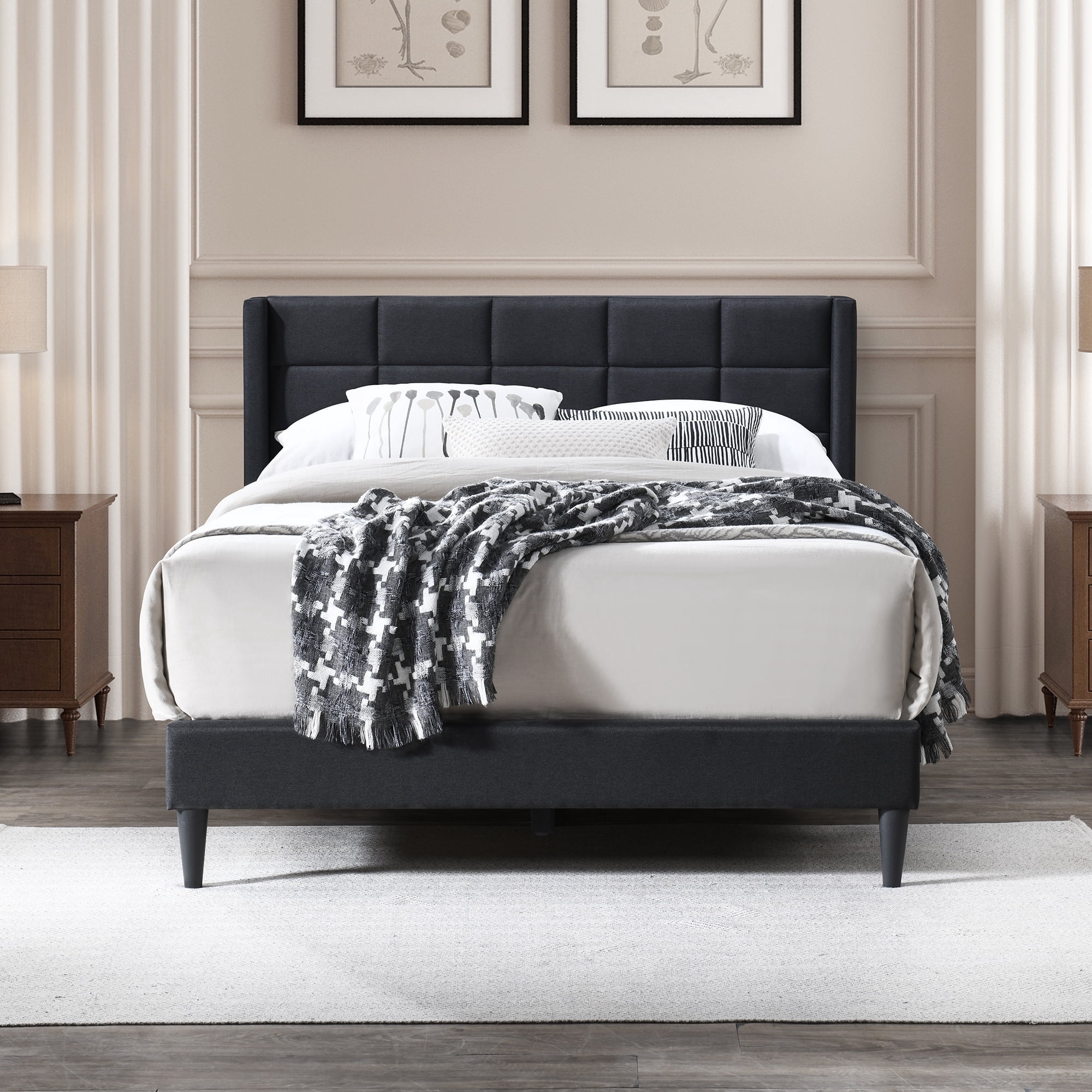 Alexent Queen Size Upholstered Bed Frame | Linen Headboard, Metal & Solid Wood Construction, Sturdy & Comfortable Bed for Bedroom Dark | Gray